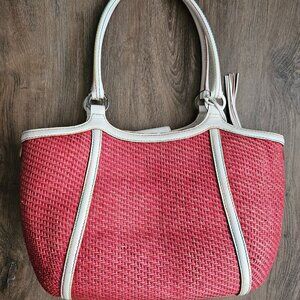 Elliott Luca pink white woven rattan tote top handle purse bag women's